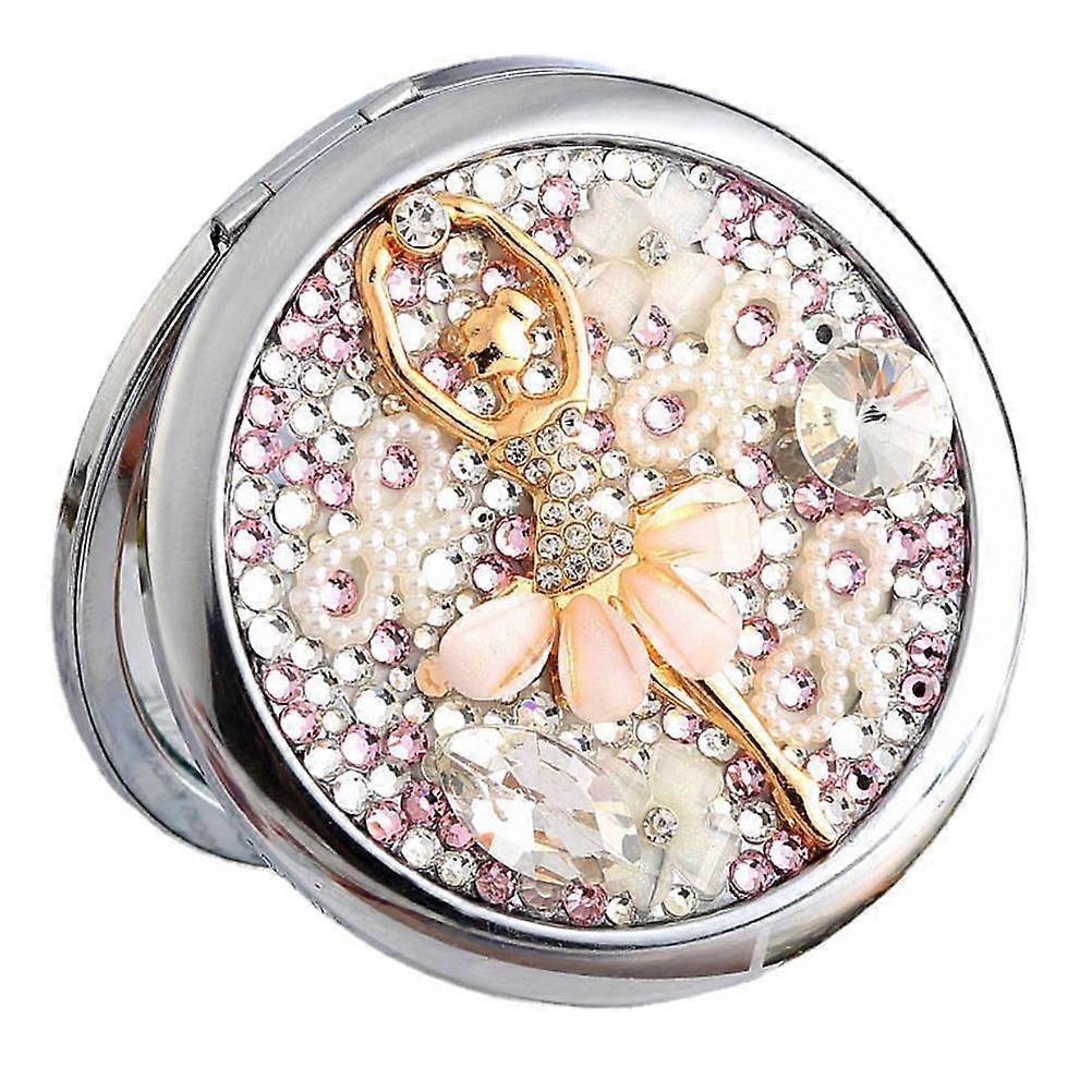 Folding Cosmetics Mirror Rhinestone Dual-sided Makeup Mirror Silver 7x7cm Magnifying Portable 1Pack