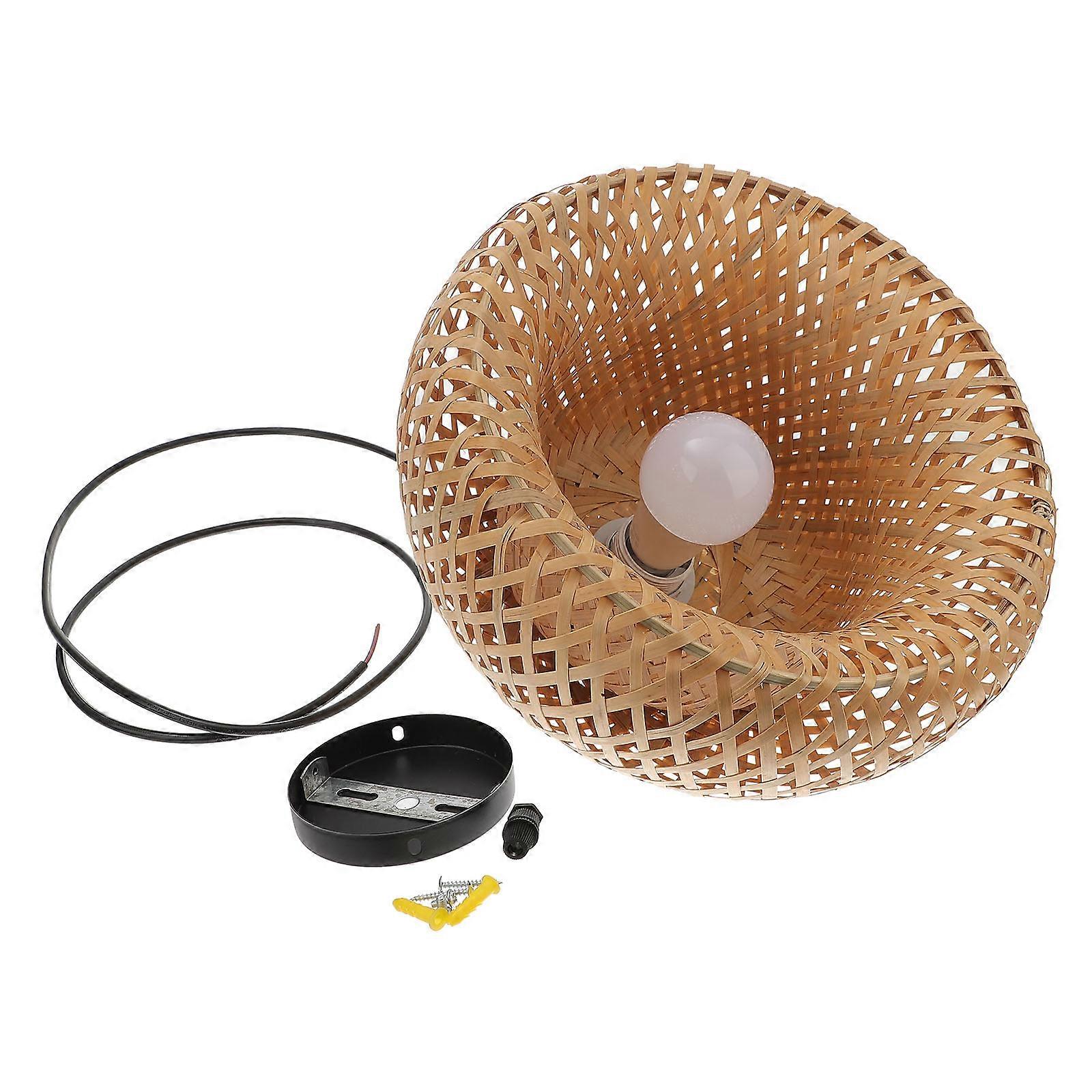Khaki Plug in Pendant Light with Bamboo Lampshade for Home synthetic material 10.5 Inches
