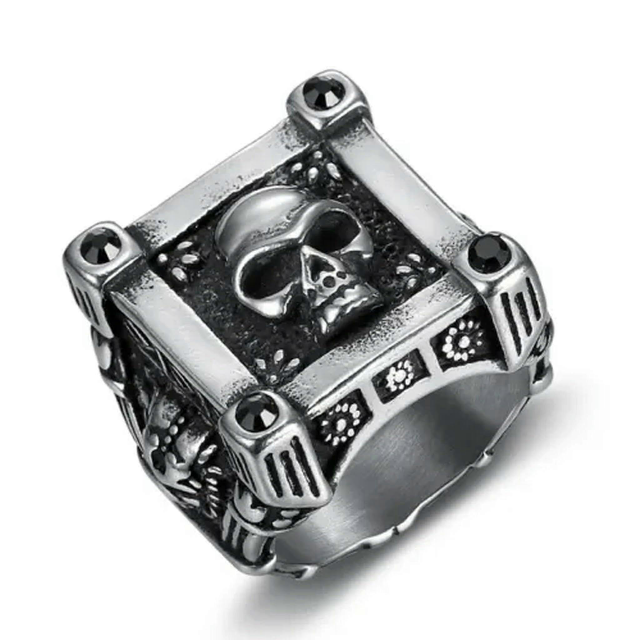 Stainless Steel Men's Ring, Gothic Skull Design, Biker Style, Sizes 7-15, Square Top, Durable Fashion Jewelry