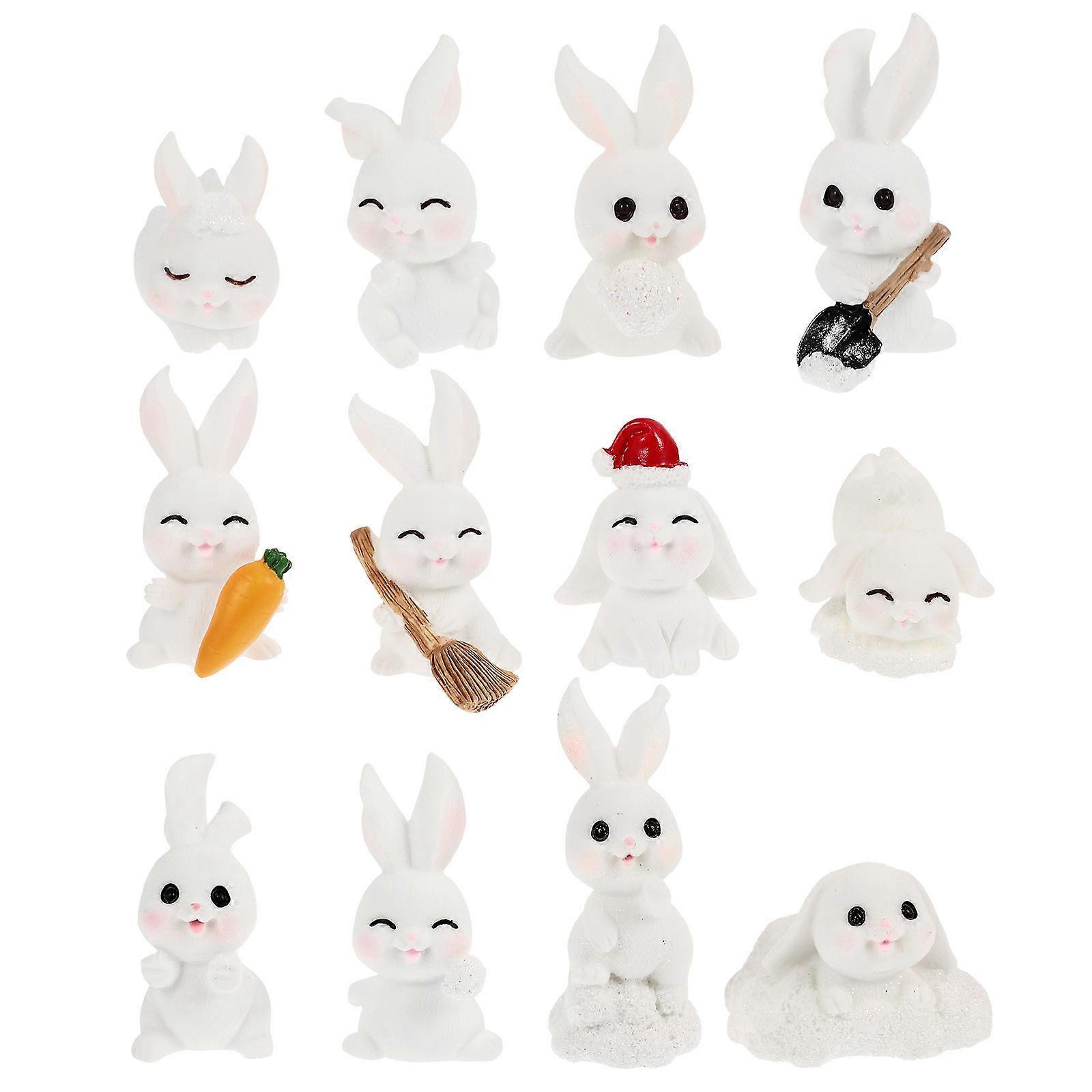 Mixed Style Miniature Resin Bunny Statues 12Pcs For Garden And Desktop Decoration In White Color With Strong Material