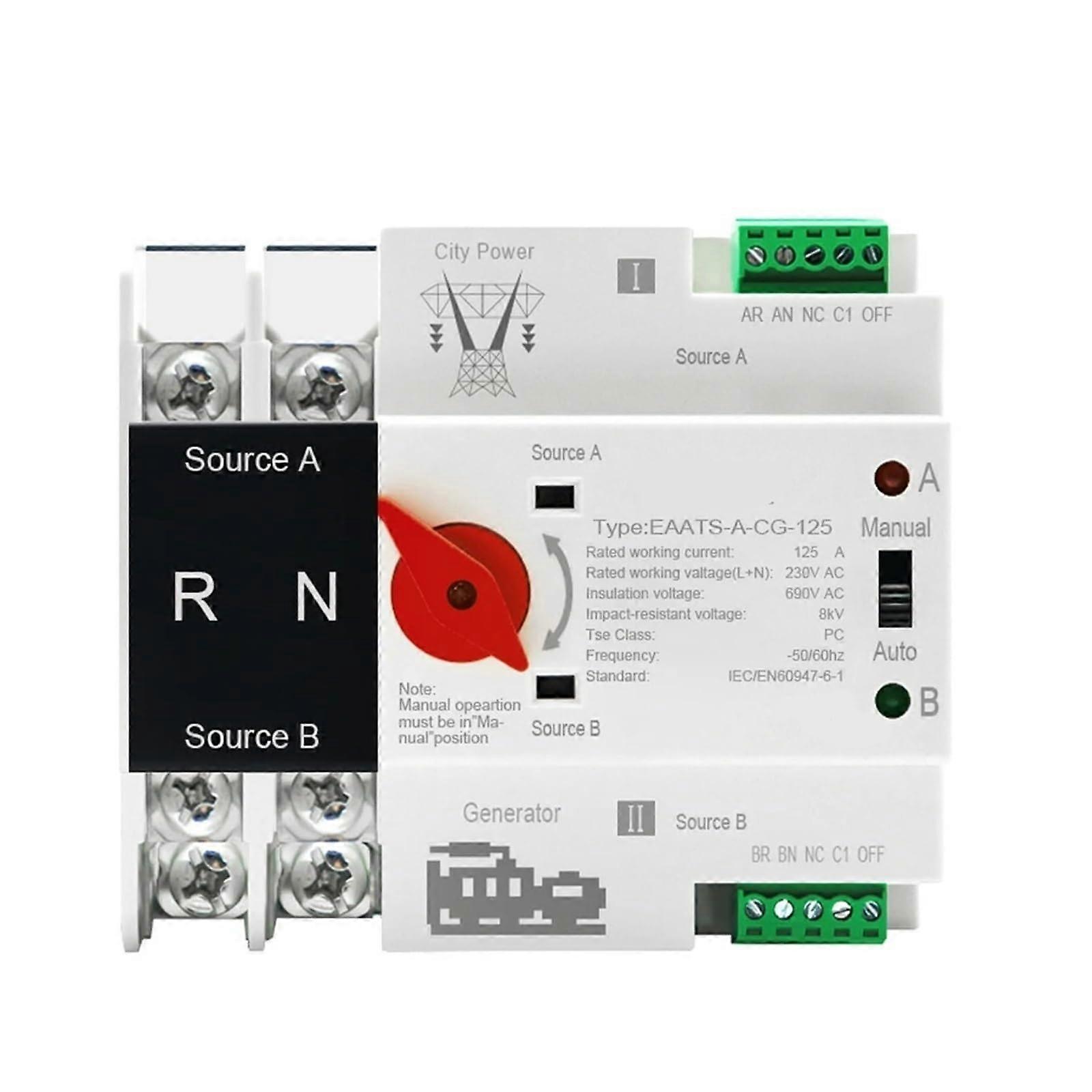 SinglePhase DIN Rail 2P 125A AC 230V Automatic Transmission Electric Selector Switch Power 1 Piece
