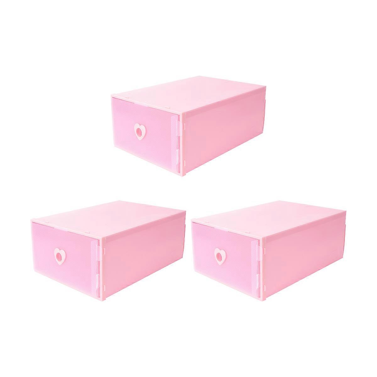 Pink Plastic Storage Box with Drawer Design for Shoes and Stockings Transparent Material Moistureproof and 3Pcs