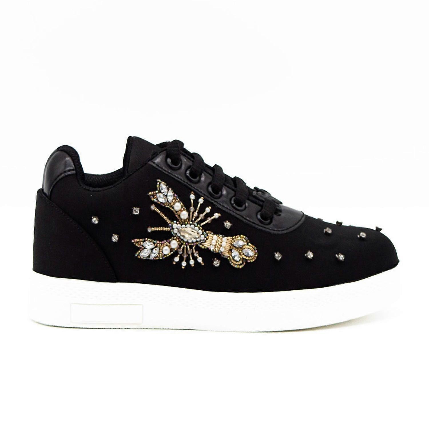 Kehlani luxury black lycra handmade embellished tennis shoe