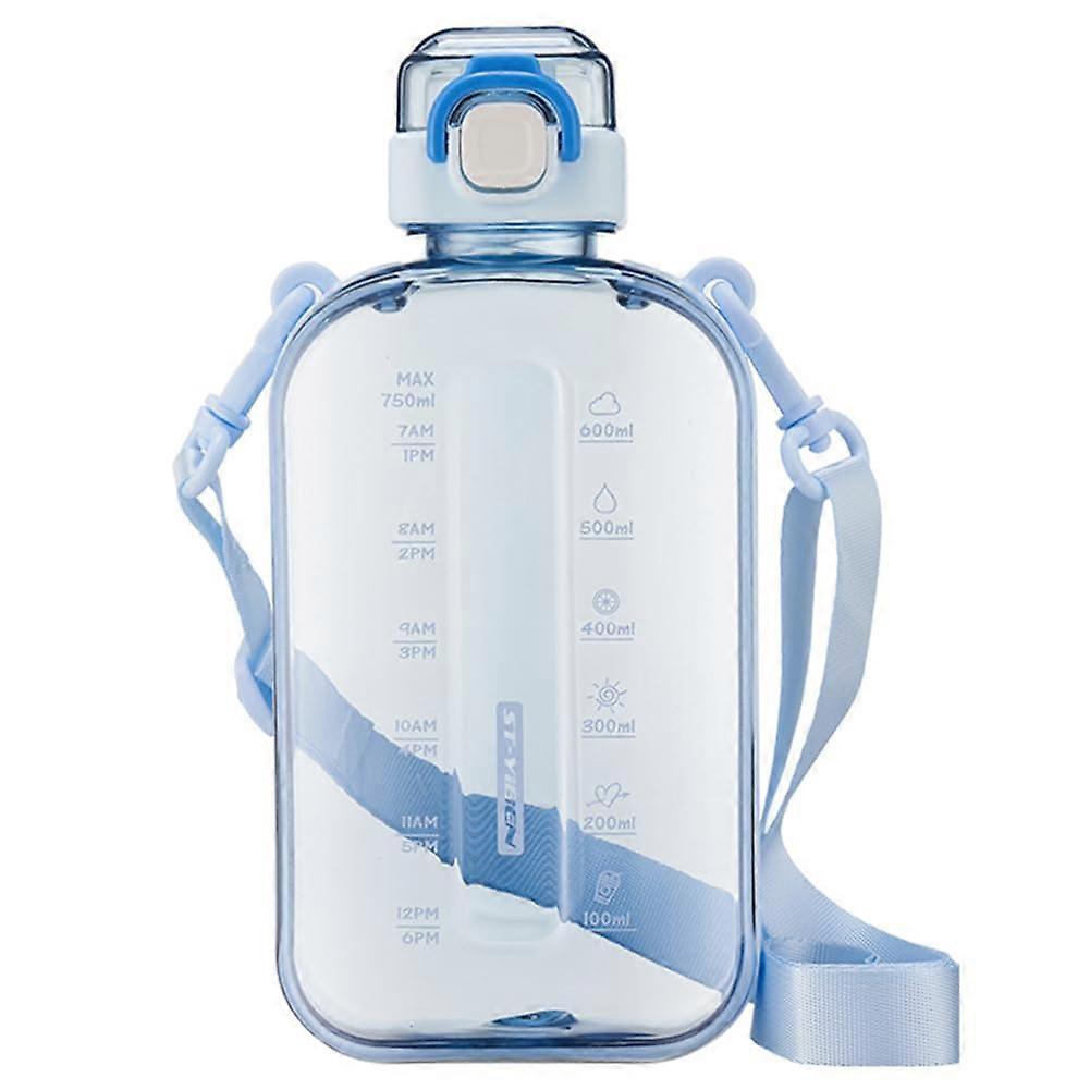 750ML Water Bottle Transparent Portable Sports Bottle With Time Marker Adjustable Strap For Camping And Fitness Blue