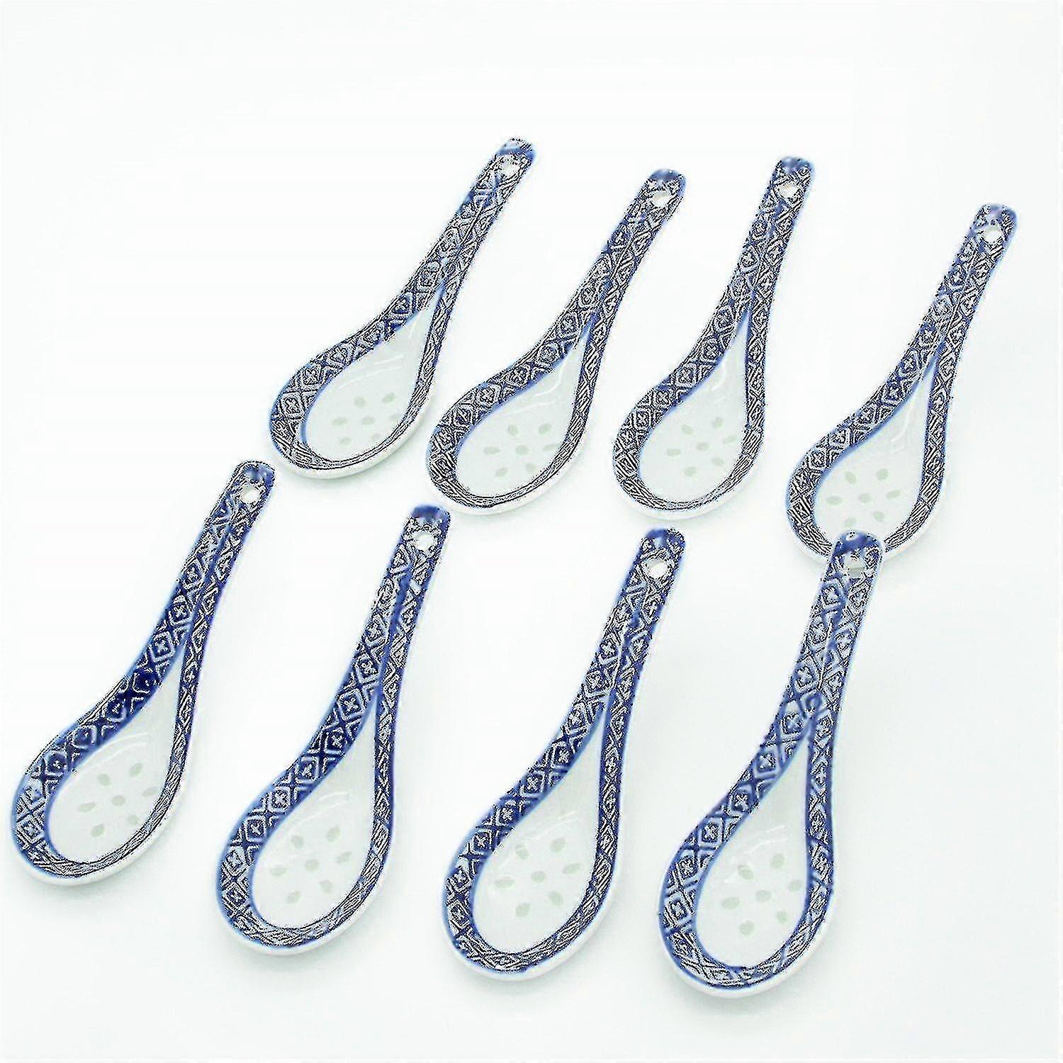 青と白の磁器セラミック中国のスープスプーン、8つのセット、クリスマスギフト--
