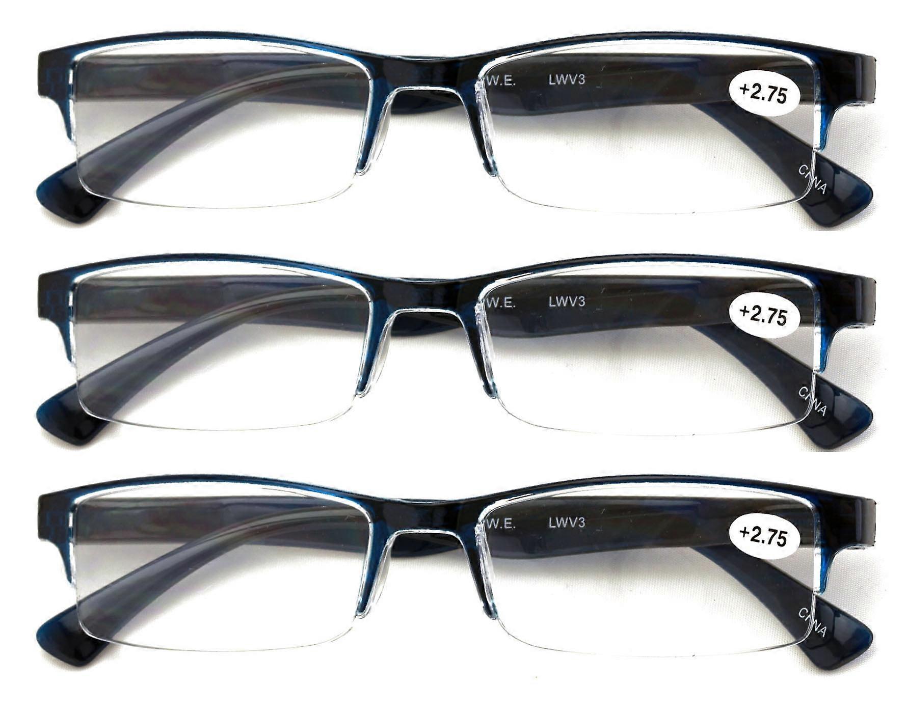 3 Pairs Lightweight Rectangular Unisex Readers with Spring Hinge - Clear Blue Black Reading Glasses - Spring Hinge 2.25