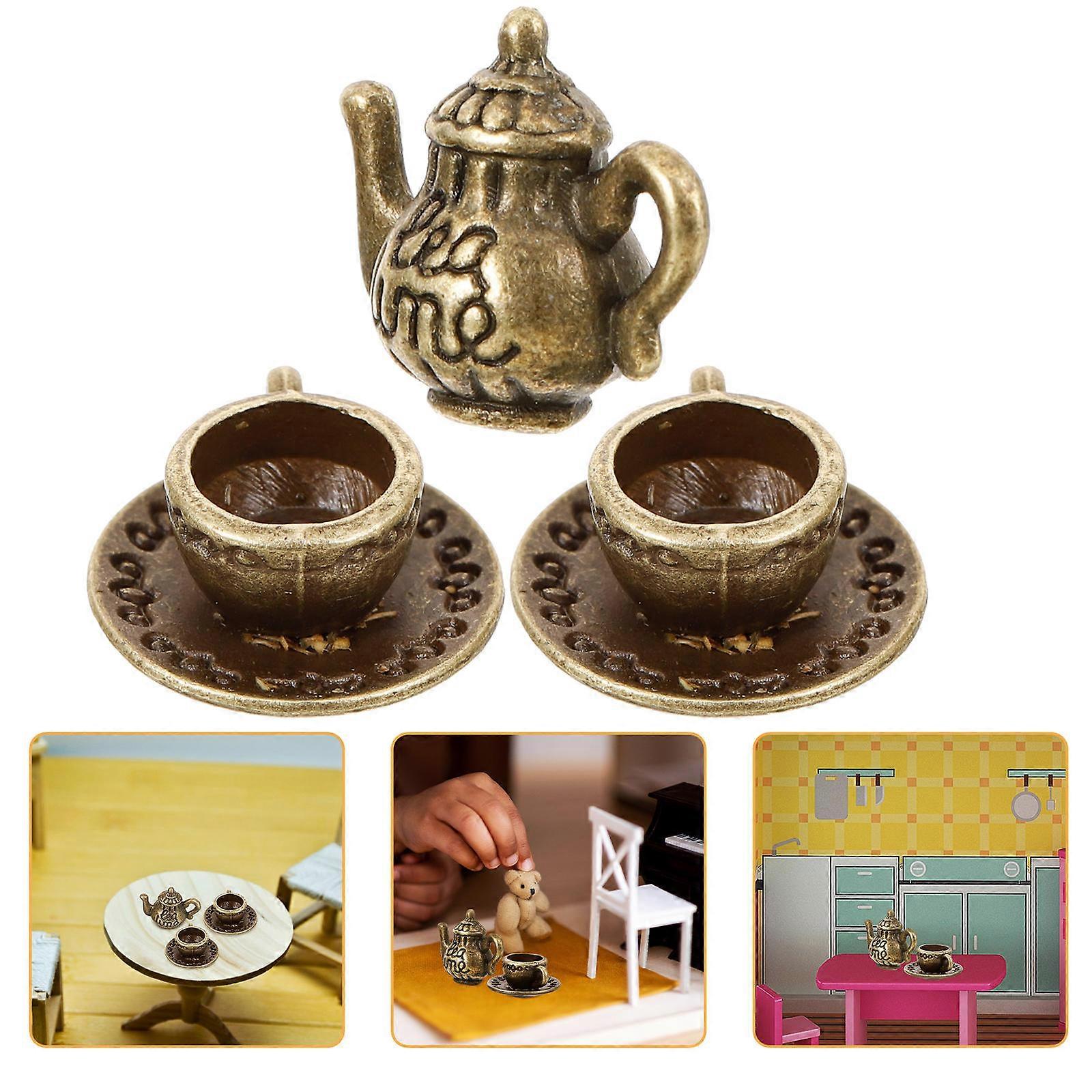 Dolls House Miniature Tea Set 3 Sets For Display Model And House Decoration In Golden Color