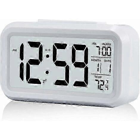 Digital Alarm Clock Morning Alarm Clock, Digital Clock Silent Battery Alarm Clock for Children Adults Large LED Screen Temperature Calendar (White)