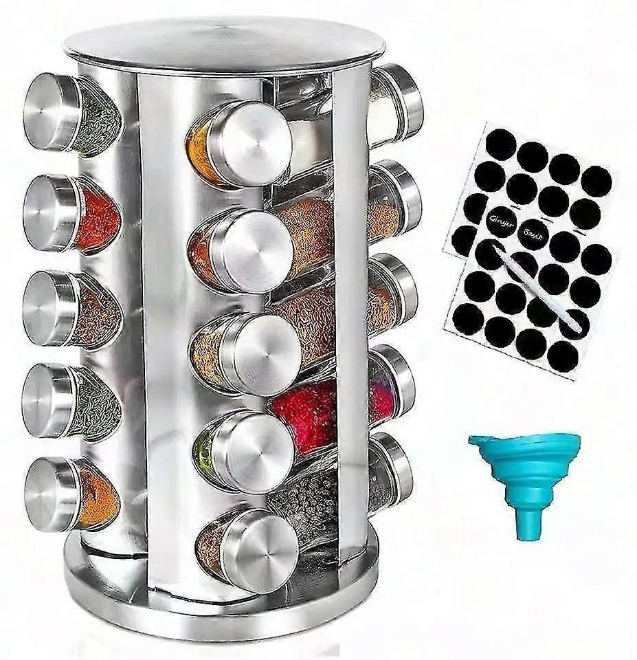 20 Glass Jars with Labels - Spice Rack - Rotating Spice Tower