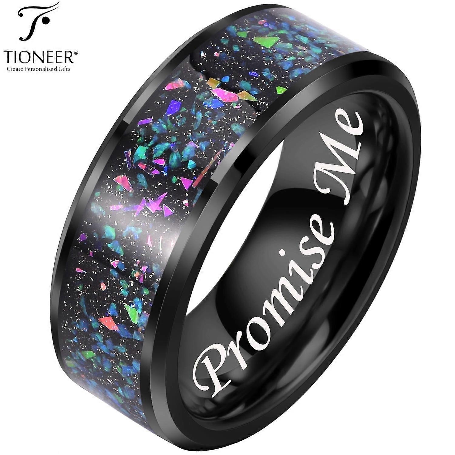 Tioneer Black IP Tungsten Ring 8mm Galaxy Series w/ Opal Inlay in Different Styles Wedding Band for Men Women w/ Free Engraving Options