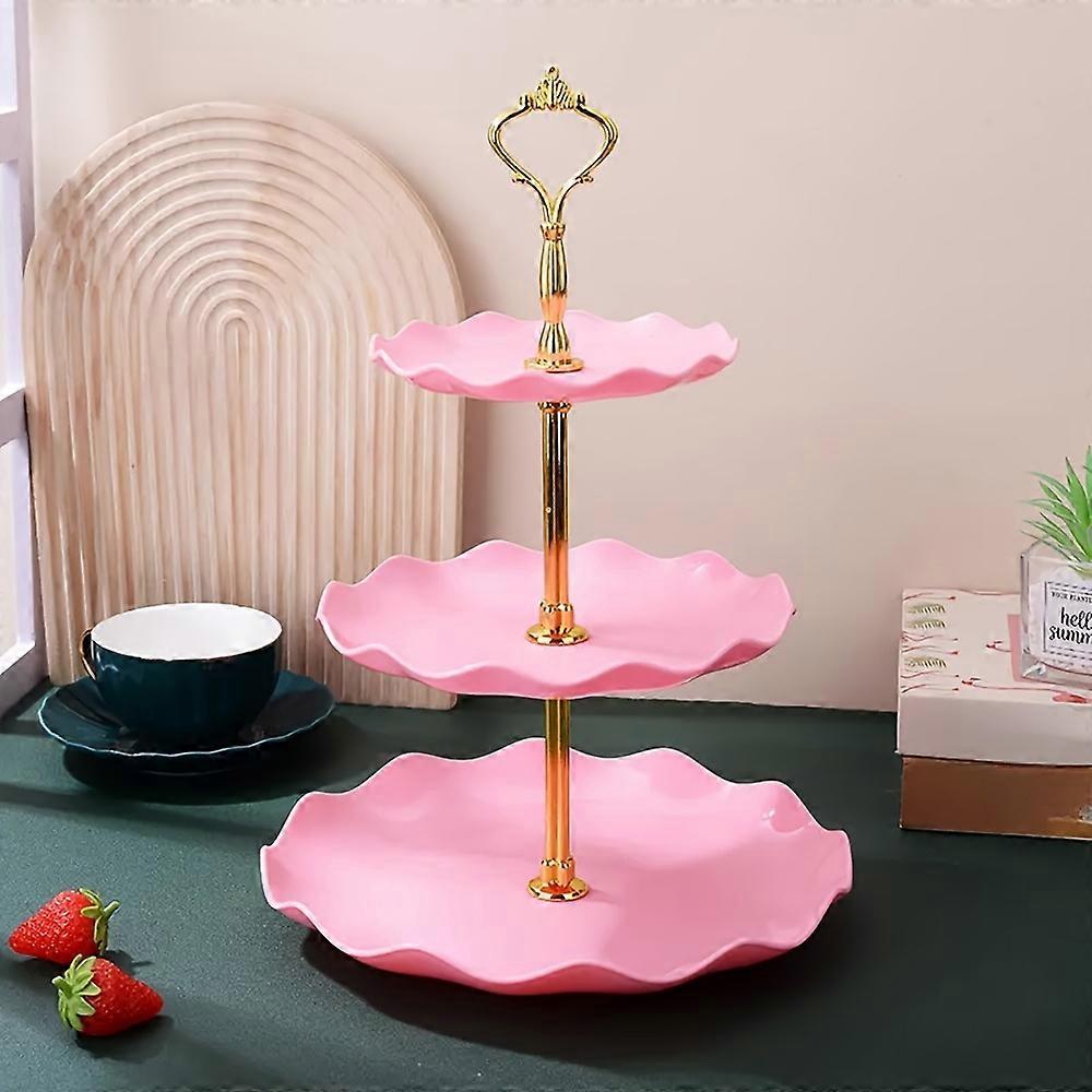  Elegant 3-Tier Cake Stand with Gold Handles - Wave Edge Plastic Dessert Display for Wedding Birthday Party Decor (1pc)