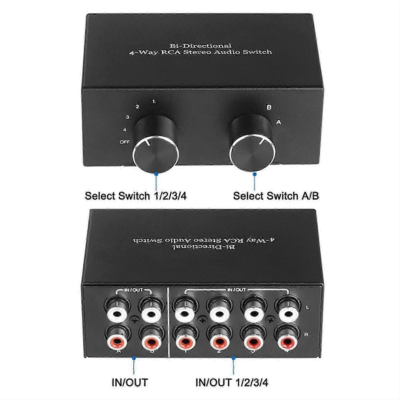 Bi-Directional 4-Way RCA Stereo Audio Switch Selector 2x4 4x2 I/O LR Sound Channel