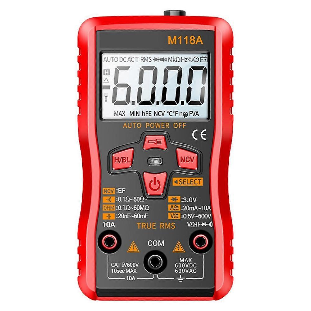 M118A Digital Multimeter True RMS Auto Range 6000 Counts NCV Data Hold Flashlight Transistor Testing