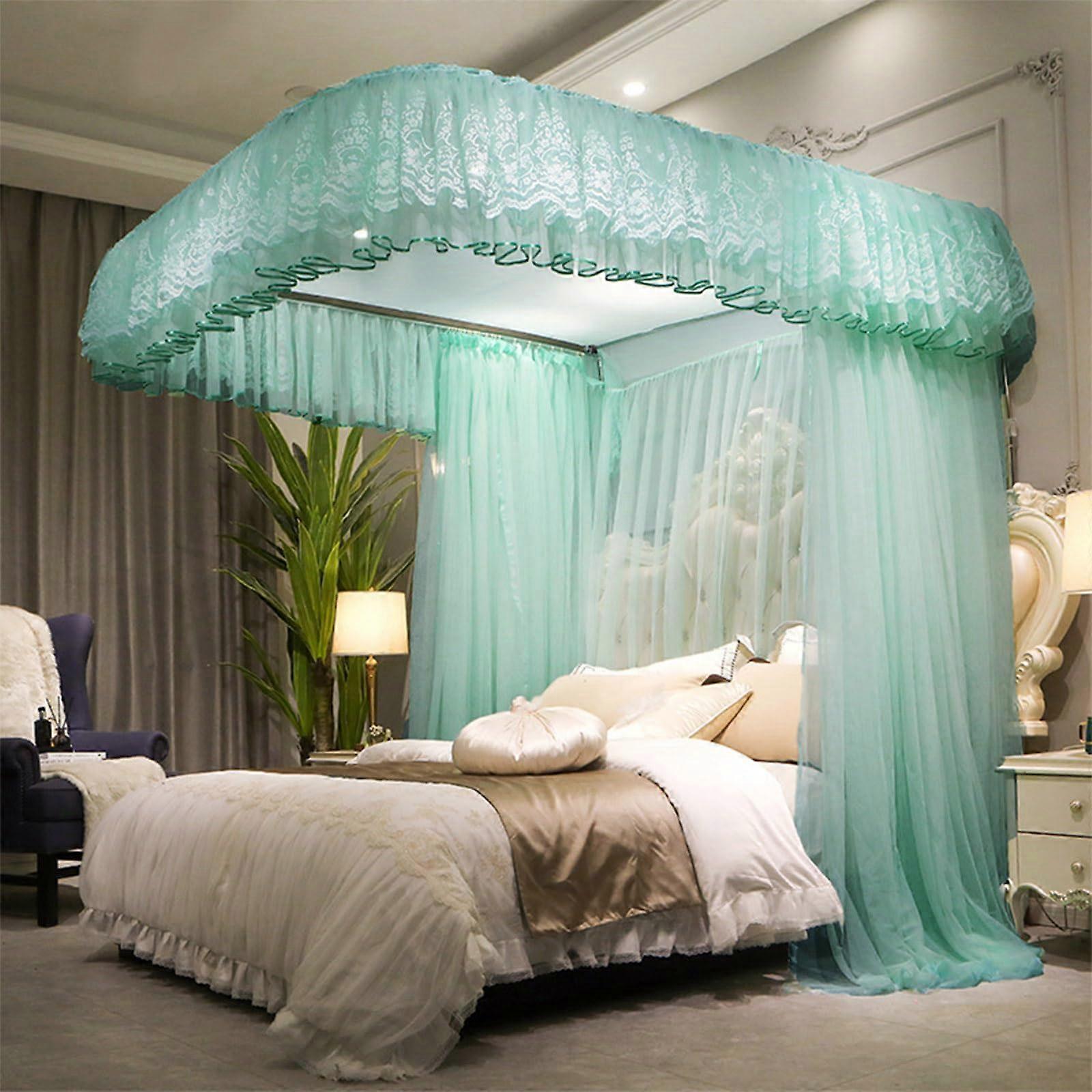 Canopy Bed Curtains with DualLayer Lace Ruffles, Elegant Princess Design, UTrack Frame for Queen