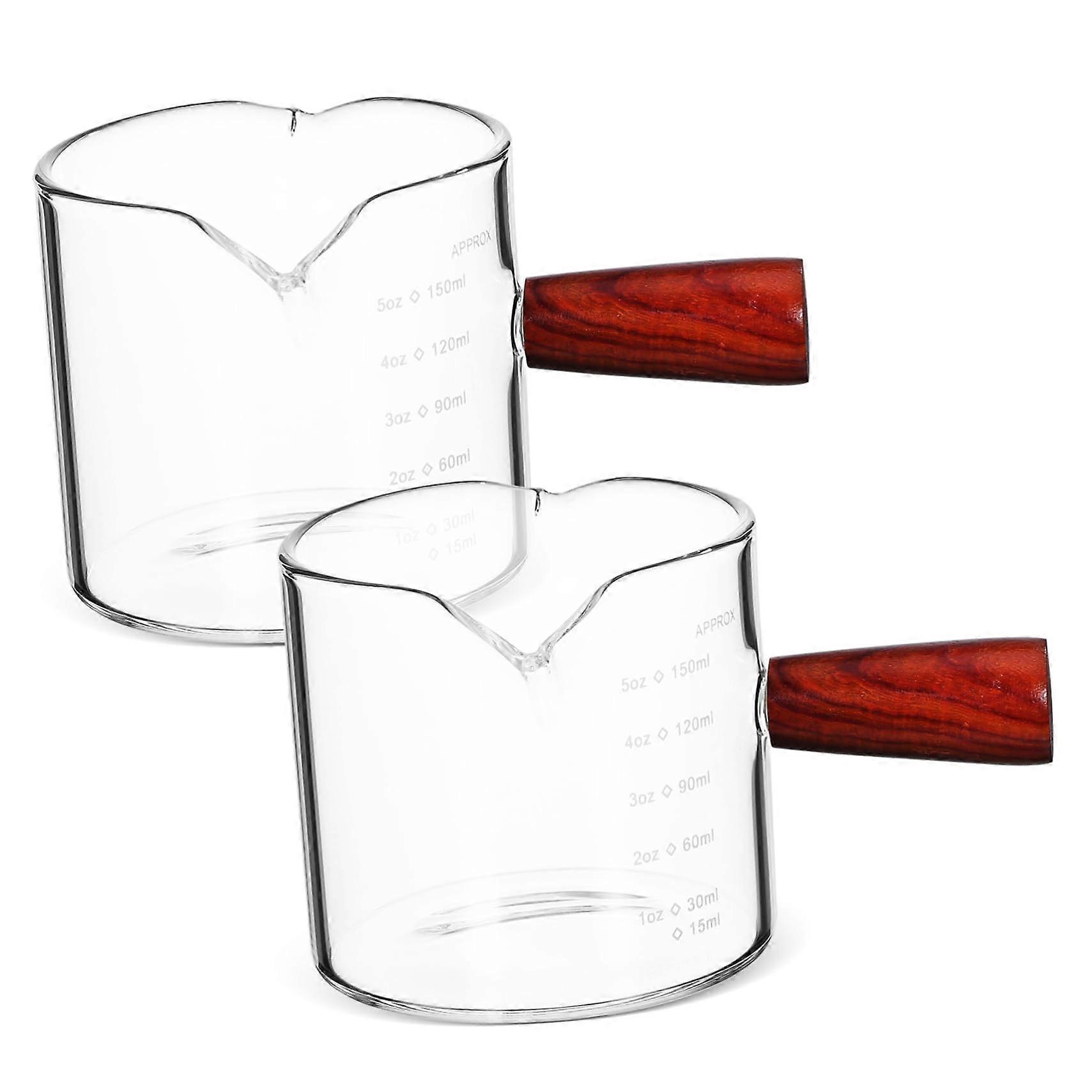 2 Pack Borosilicate Glass Measuring Cups with Wooden Handle for Espresso Coffee Milk