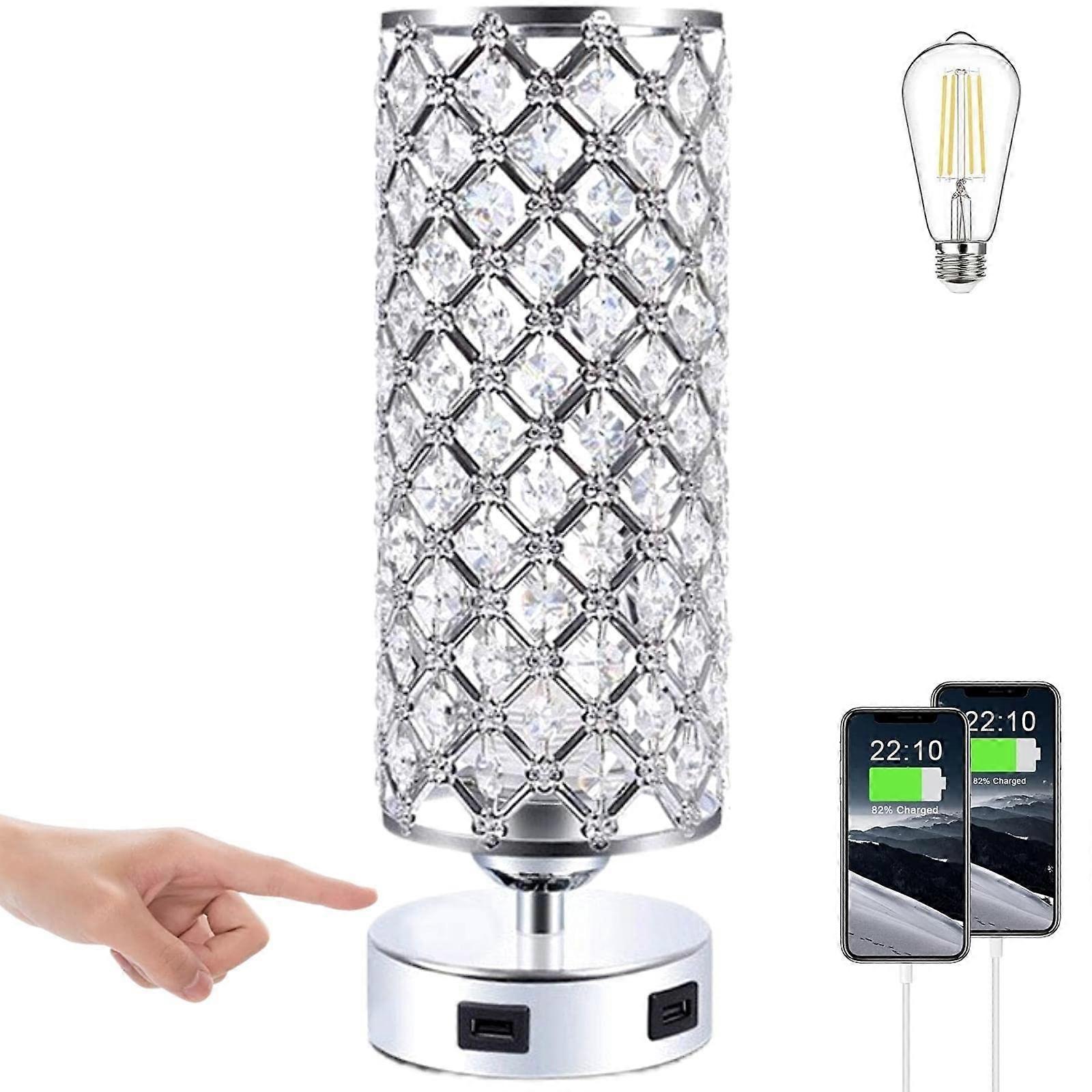 Crystal Table Lamp with Touch Control, Dual USB Charging, 3Level Dimming for Bedroom Decor