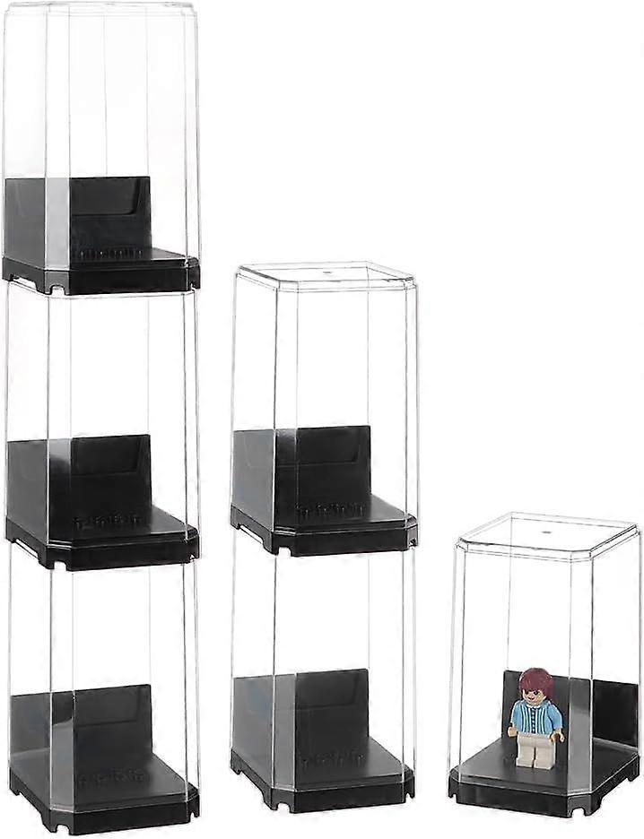 6PCS Minifigures Display Case 2.8x2.5x4.4inch Stackable Model Display Box Plastic Clear Case with Black Base Transparent Dustproof Building Blocks Box