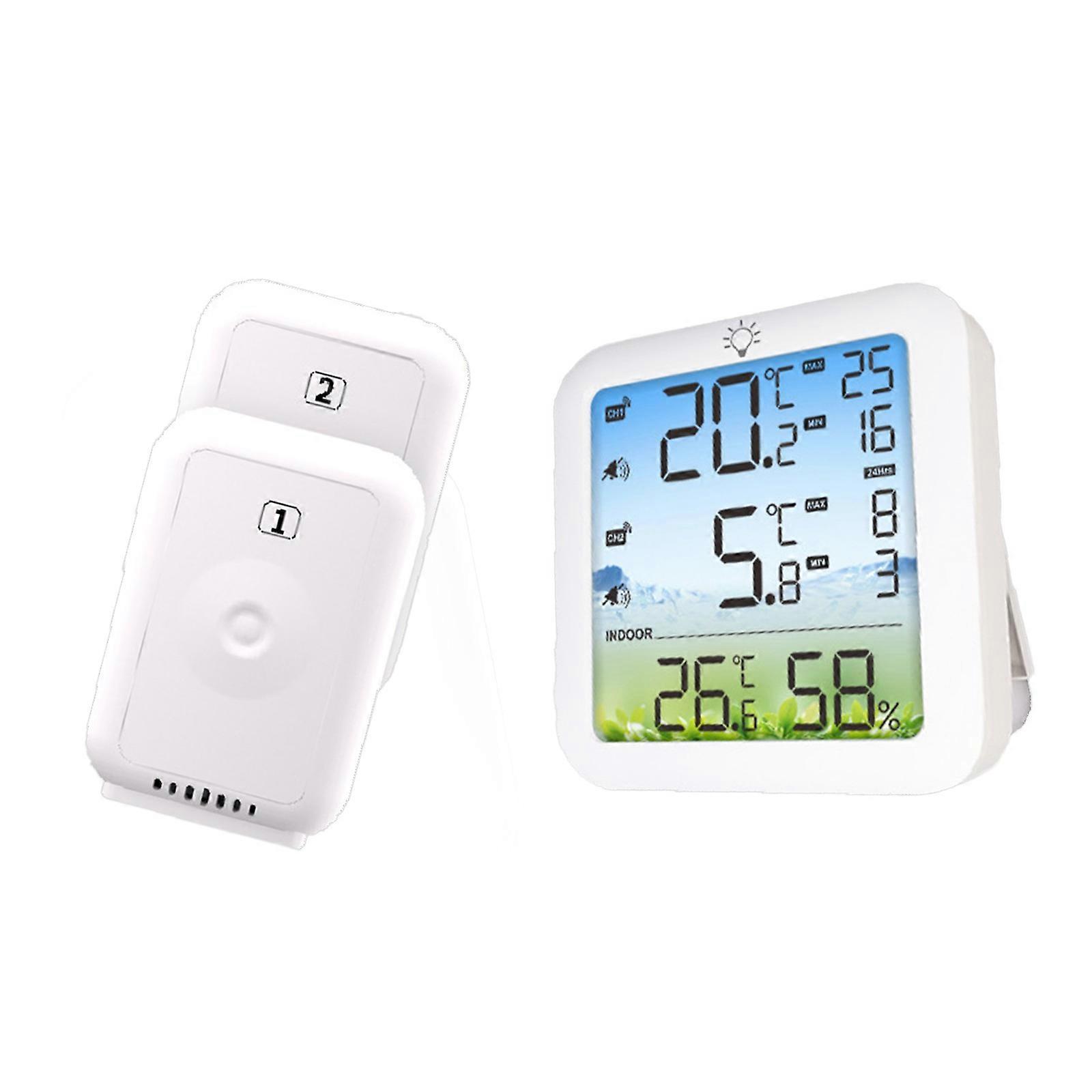 Double Channel Digital Thermograph With Magnetic Back Radio Transducer Temperature Warning Memory Function Dampness Detection For Kitchen Multicolor