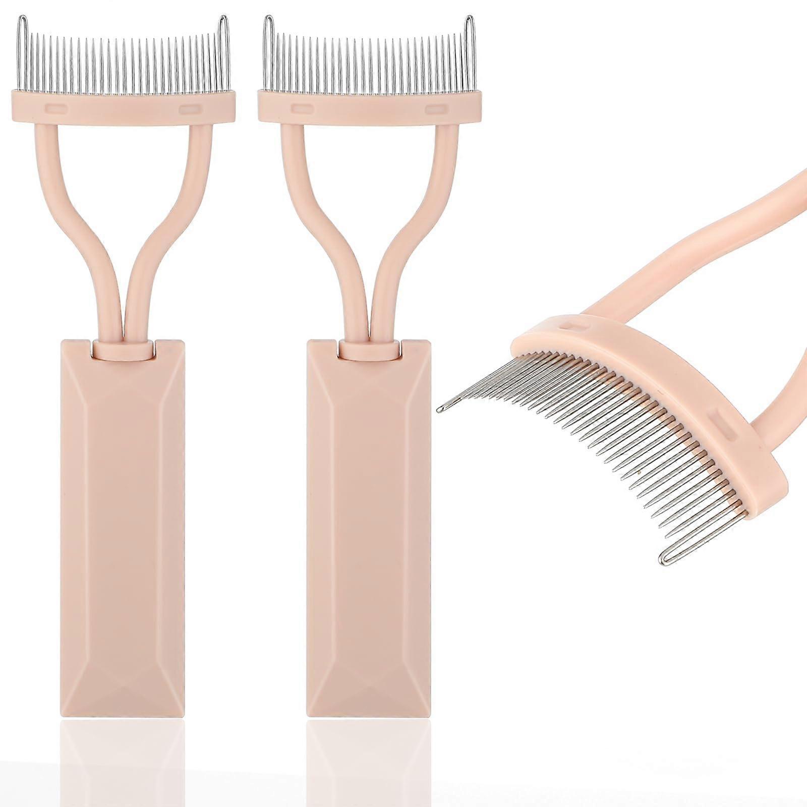 2Pcs Eyelash Comb with Metal Teeth and Protective Cover, ArcShaped Lash Separator Mascara Applicator Pink