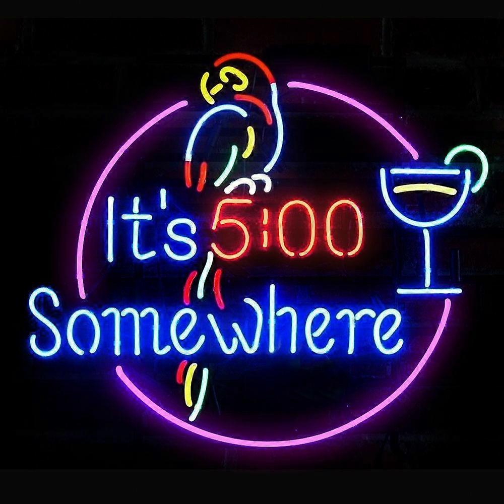 It's 5:00 Somewhere Parrot Real Glass Neon Sign - Tropical Vacation Wall Art for Tiki Bar, Home & Gift - 17"x14"
