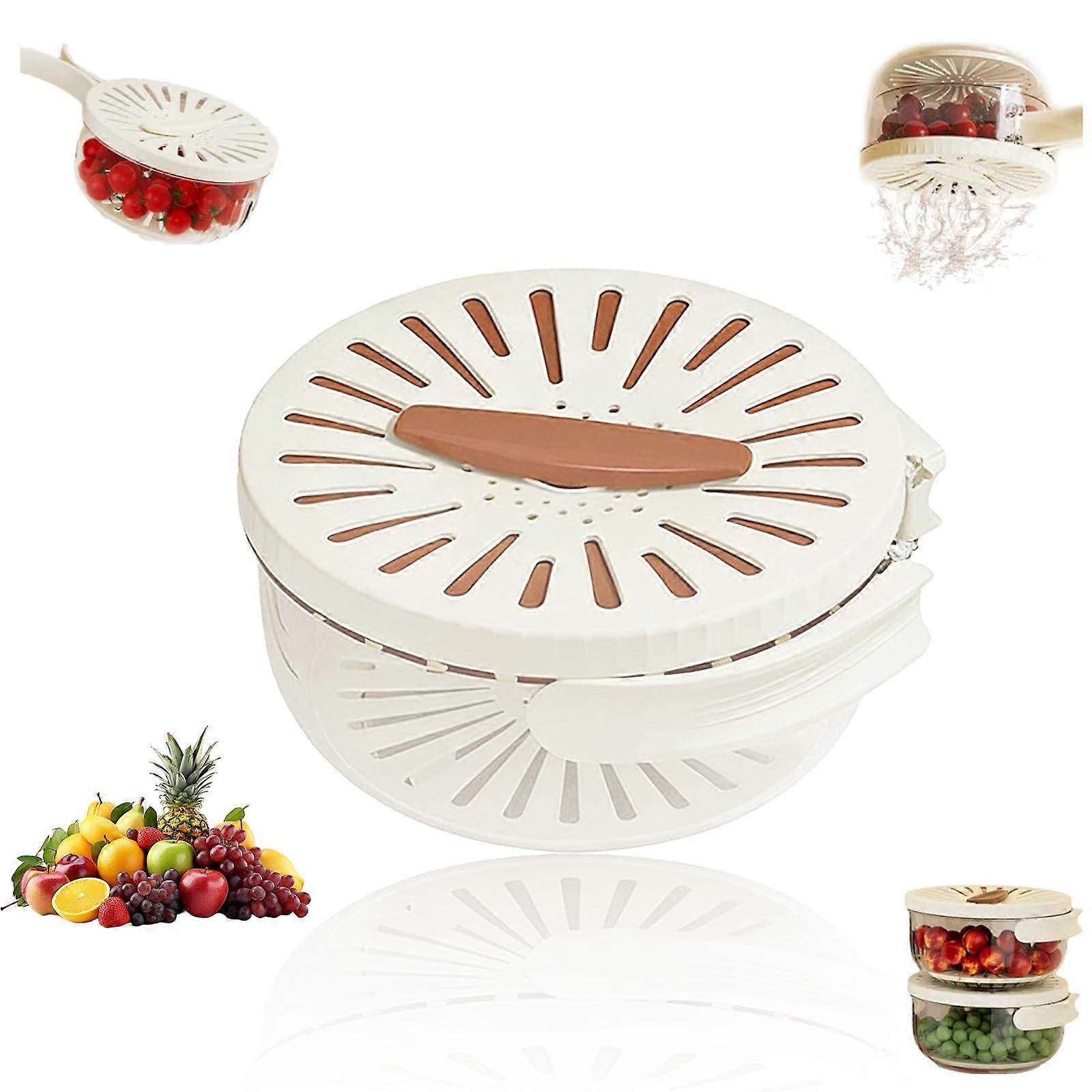 2in1 Vegetable Washing Bowl with Strainer and Lid, Stackable Produce Storage Container, Brown