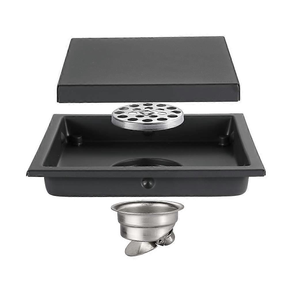 6 Inch Square Shower Floor Drain, Black Hidden Rustproof Stainless Steel with Removable Grate
