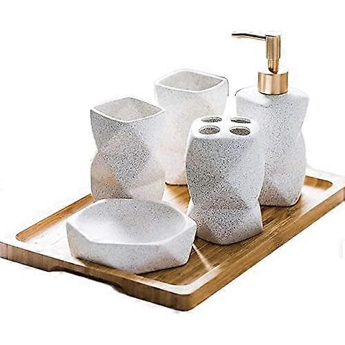 6 Piece Ceramic Bathroom Accessories Set with Bamboo Tray, Geometric Design, White