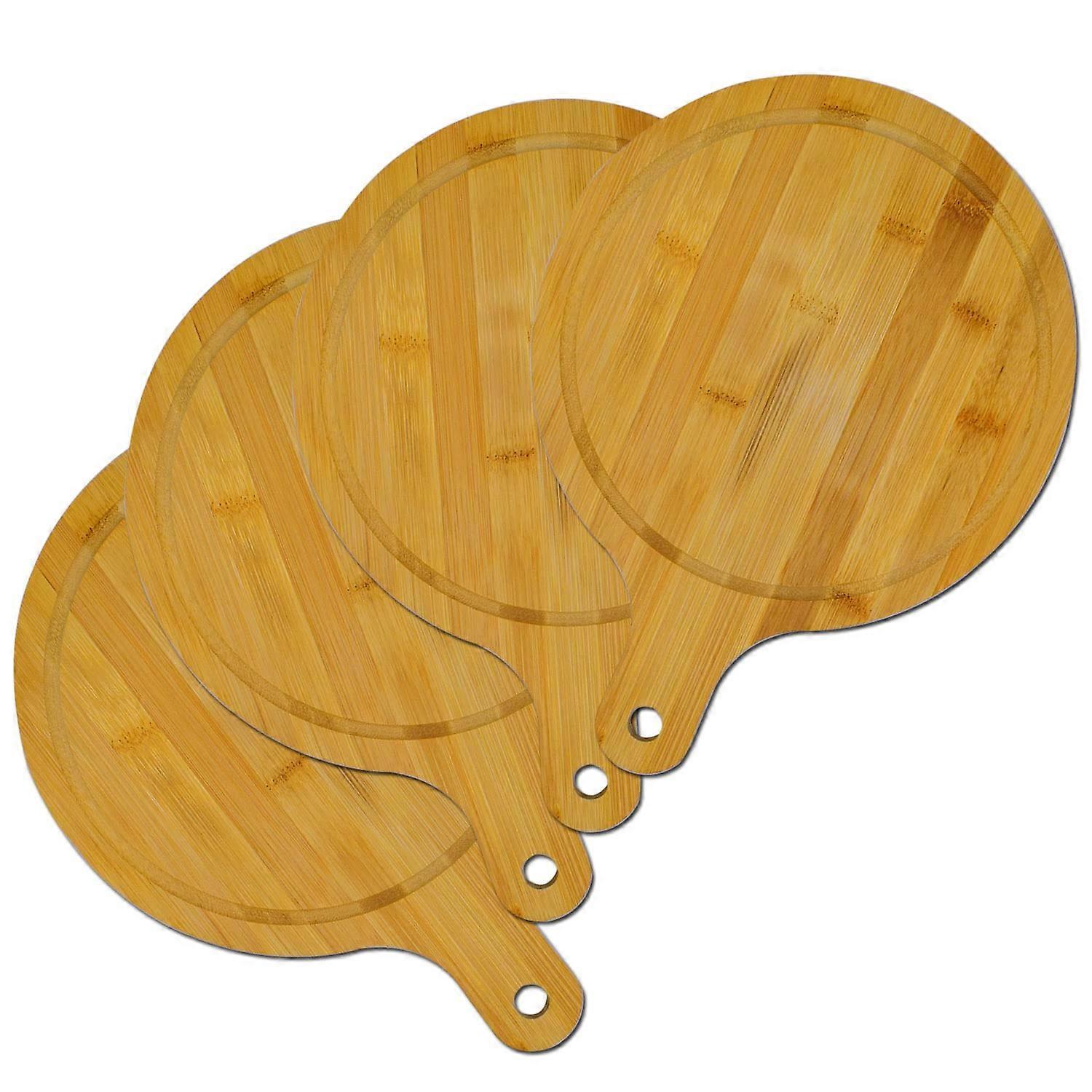4 Pack Round Bamboo Pizza Peel and Cutting Board with Handle for Baking, Serving and Chopping
