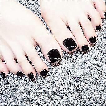 24pcs Short Square Black Press On Nails with Glue, Reusable Custom Fit Fake Nail Tips Set for Women