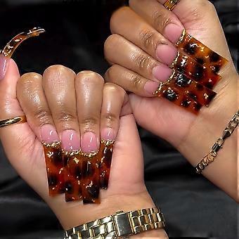 Extra Long Gold Leopard Press On Nails Reusable Curved Tips Glossy Finish 20Pcs Fake Nails for Women