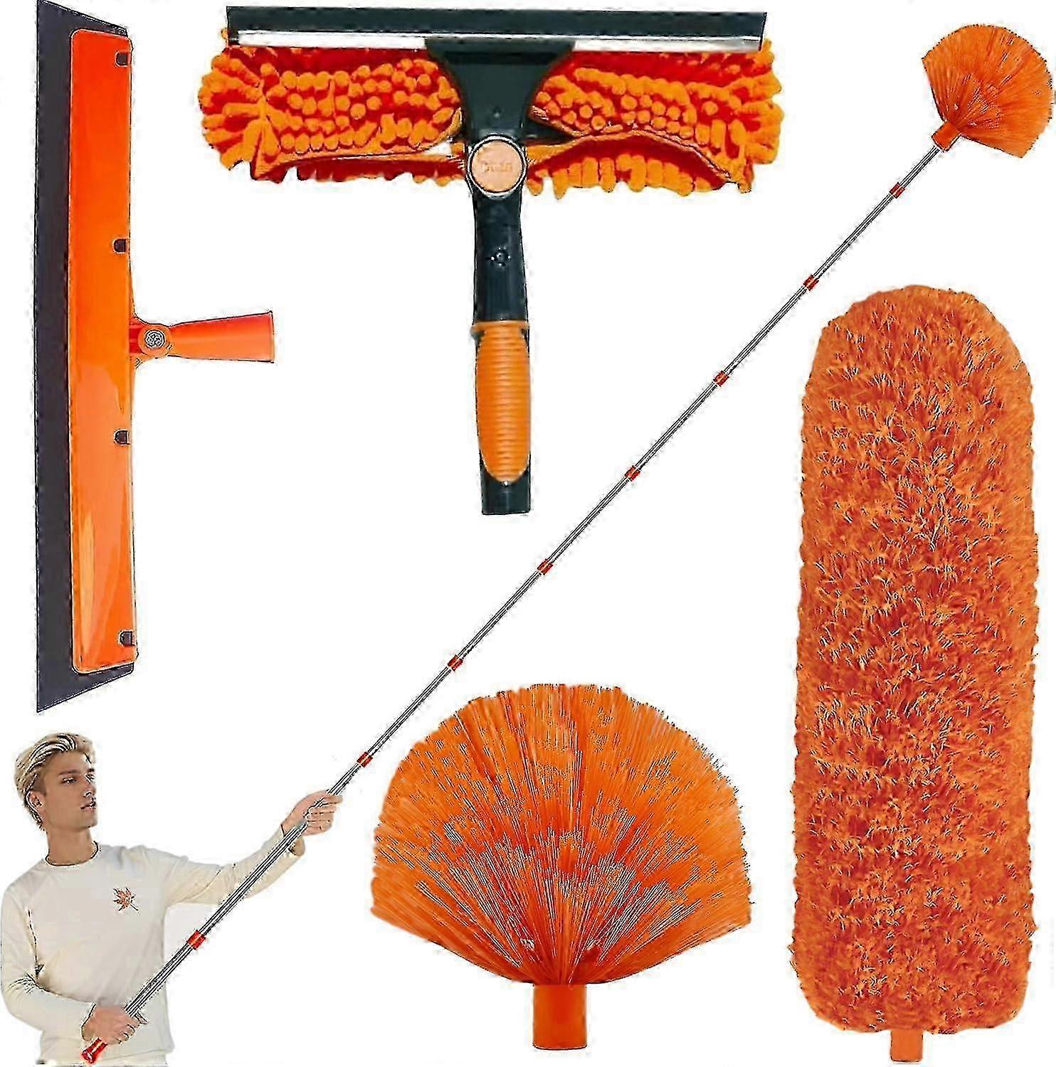 Cobweb Duster With Telescoping Pole, 20-Foot High Reach, Window Squeegee Scrubber, Orange