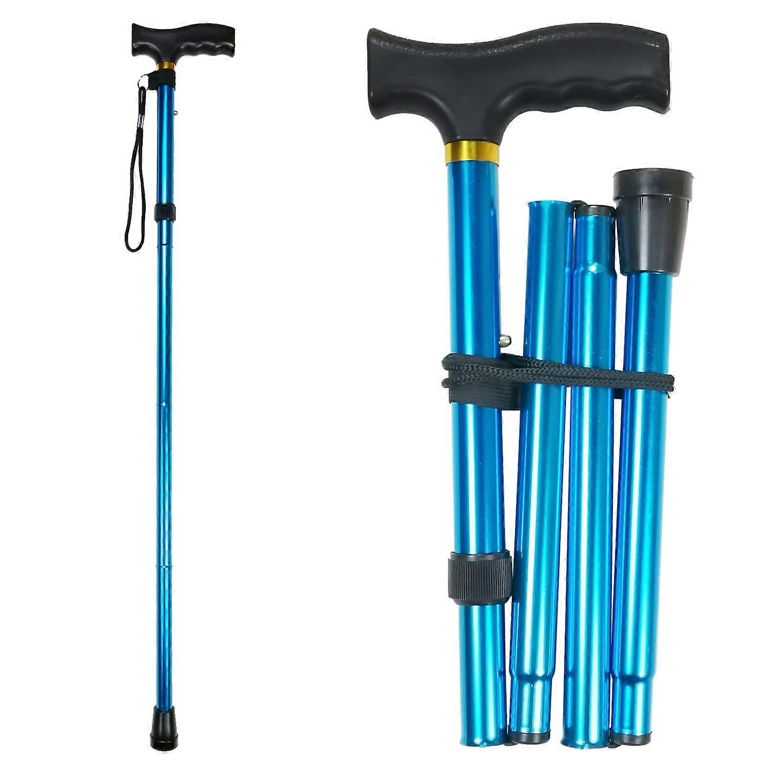 Folding Walking Cane Adjustable Height Lightweight T Handle with Wrist Strap Solid Blue for Seniors