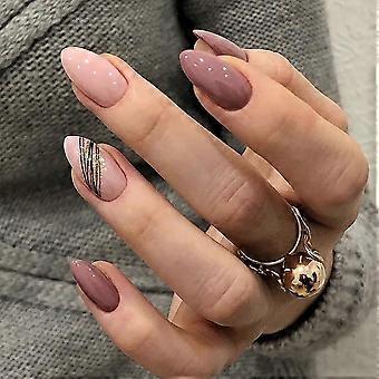 Glossy Pink Almond Press on Nails with Designs,Acrylic Nails Press on,Stick on Nails for Women