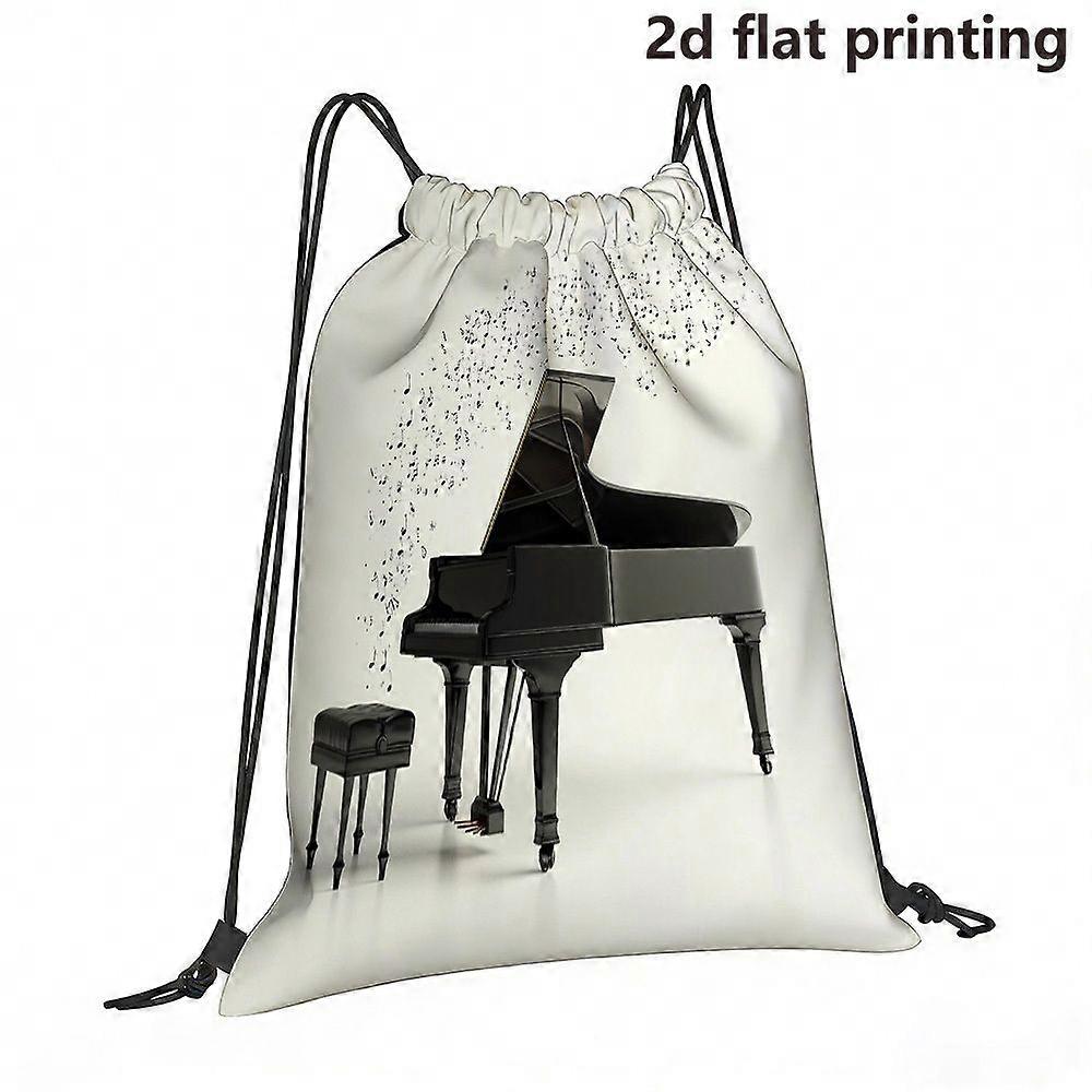 2D Flat Drawstring Bag, "Dancing Notes" Basic Black Triangular Piano And Stool, Suitable for Daily Commuting, Casual Sho-Cqazw