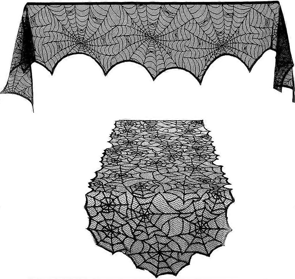 Halloween Lace Table Runner, 2 Pieces, Black Polyester | Spiderweb Dec