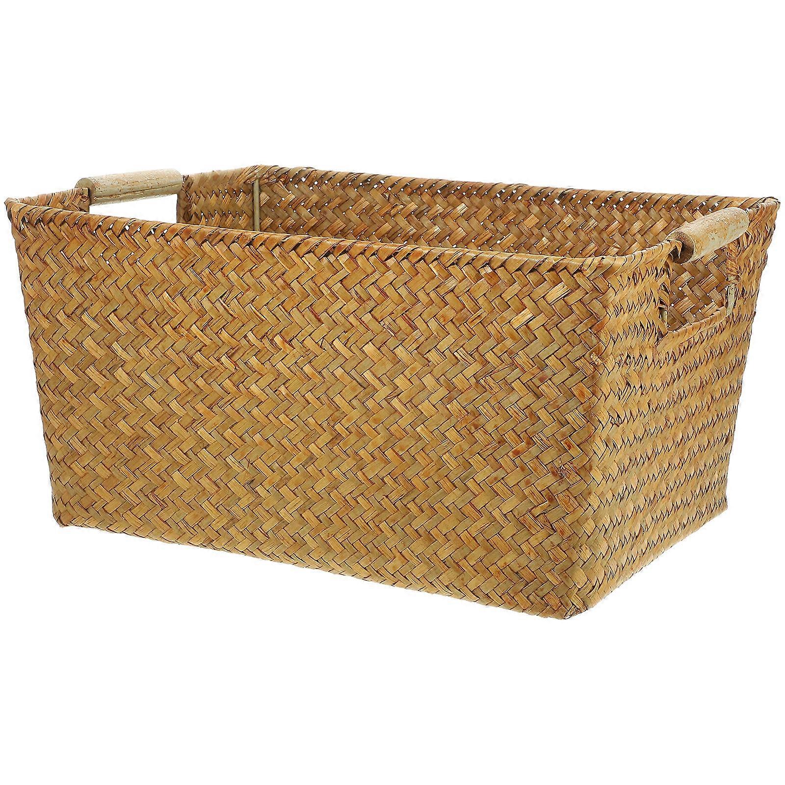 Seagrass Basket with Storage Function Rectangular Wood Handle Organizer