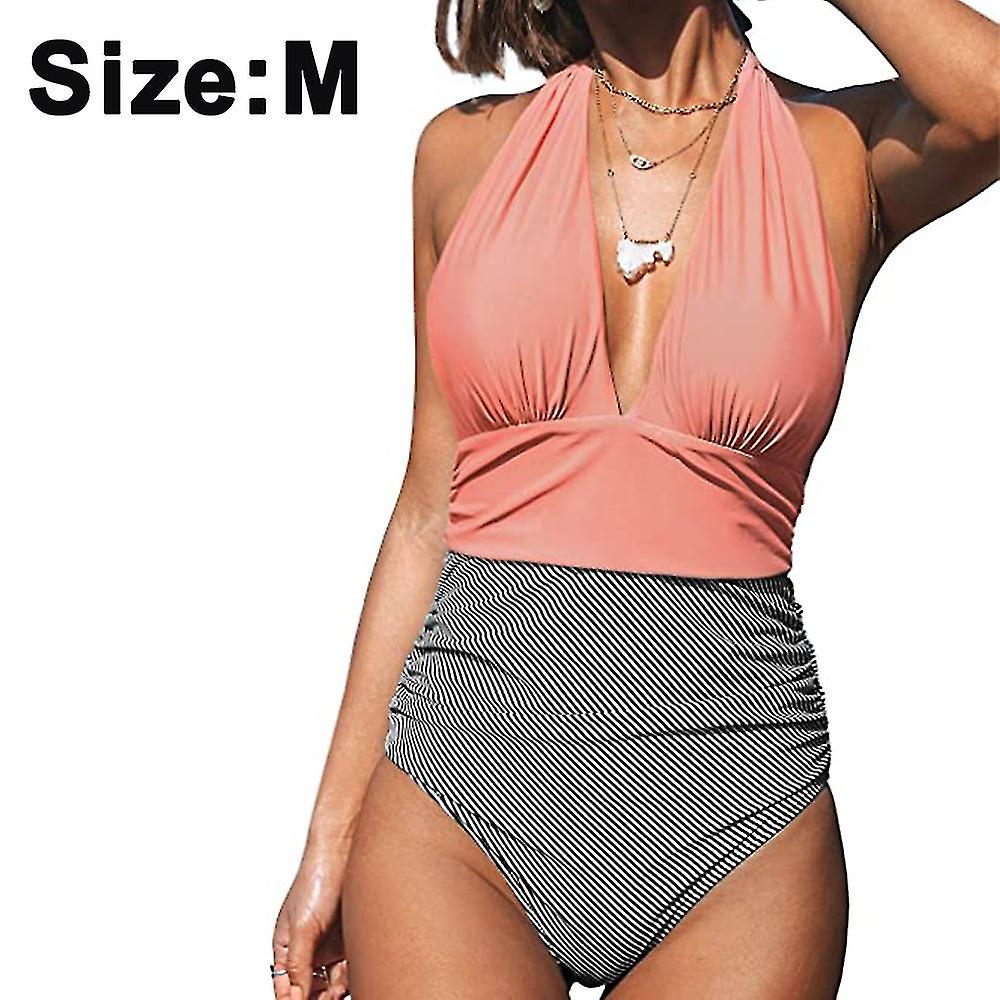 Maillot de bain une pièce pour femmes Halter Plunge Neck Ruched One-piece Open Back Sexy Color Block Bikini