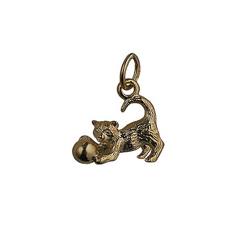 9ct Gold 11x19mm Cat playing with Ball Pendant or Charm