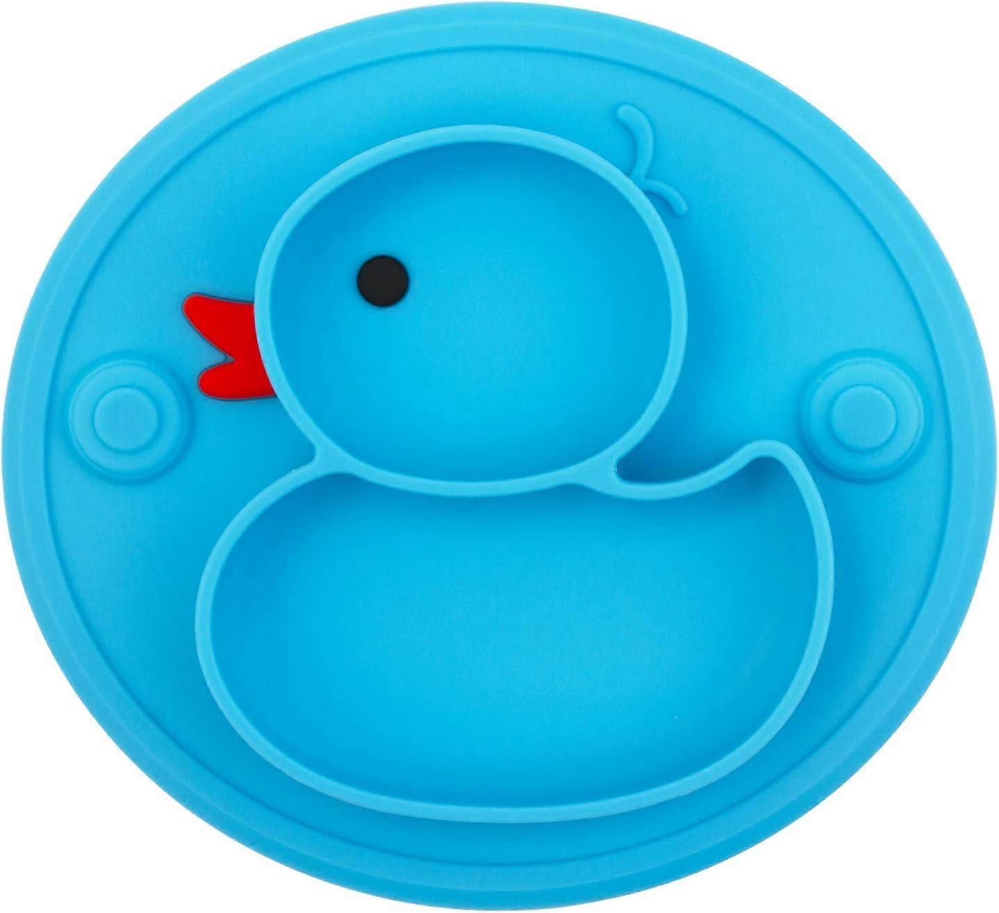 Silicone Divided Toddler Plates, Portable Non Slip Suction Plates For Children Babies (Duck-Blue)