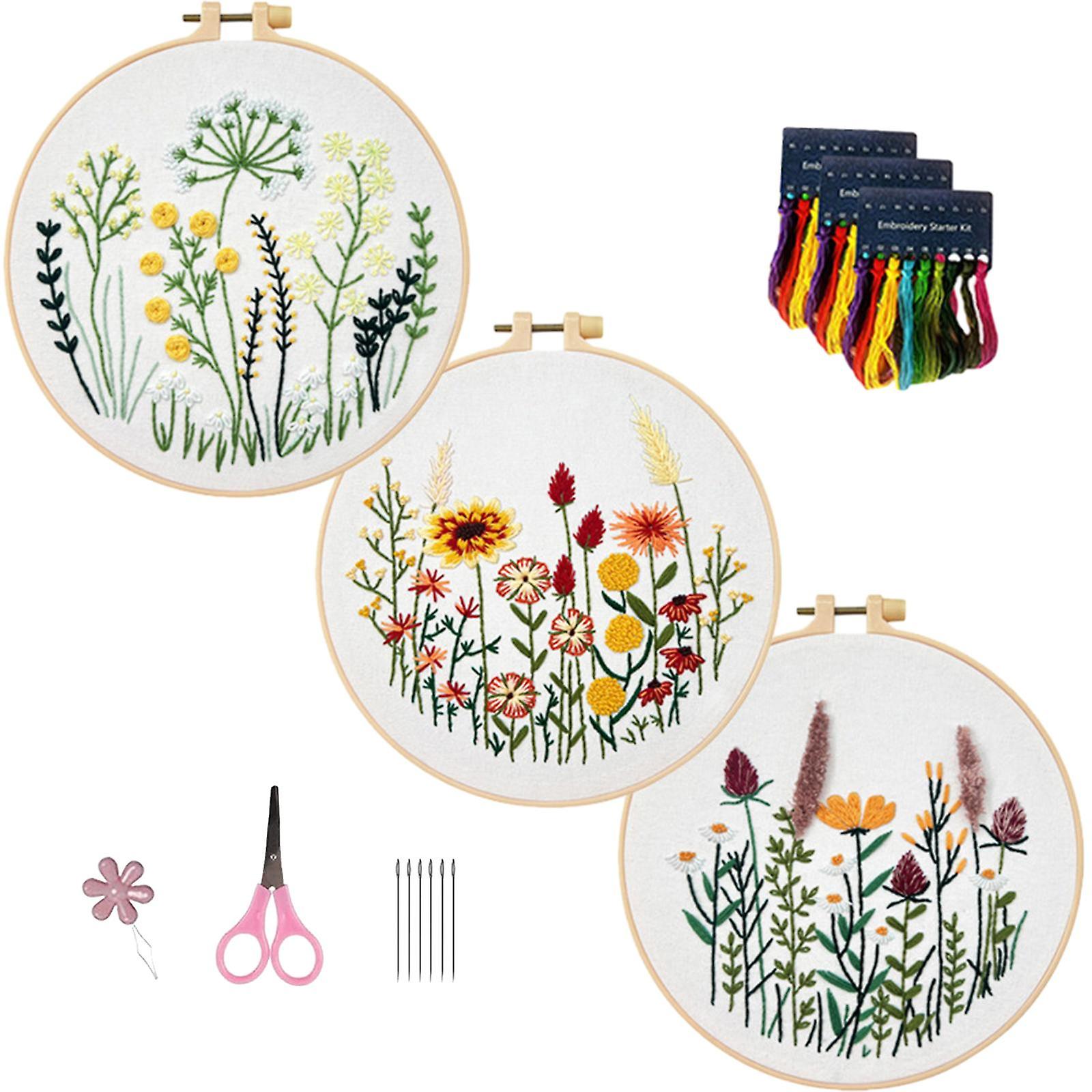 3x Beginner Embroidery Set Needlework Plants Pattern for Adults DIY Projects Style A
