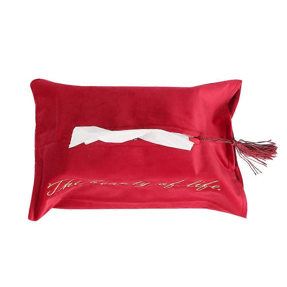 Portable Simple Embroidered Fabric Towel Bag Paper Towel Tray Tissue Box (Wine Red Tassel)