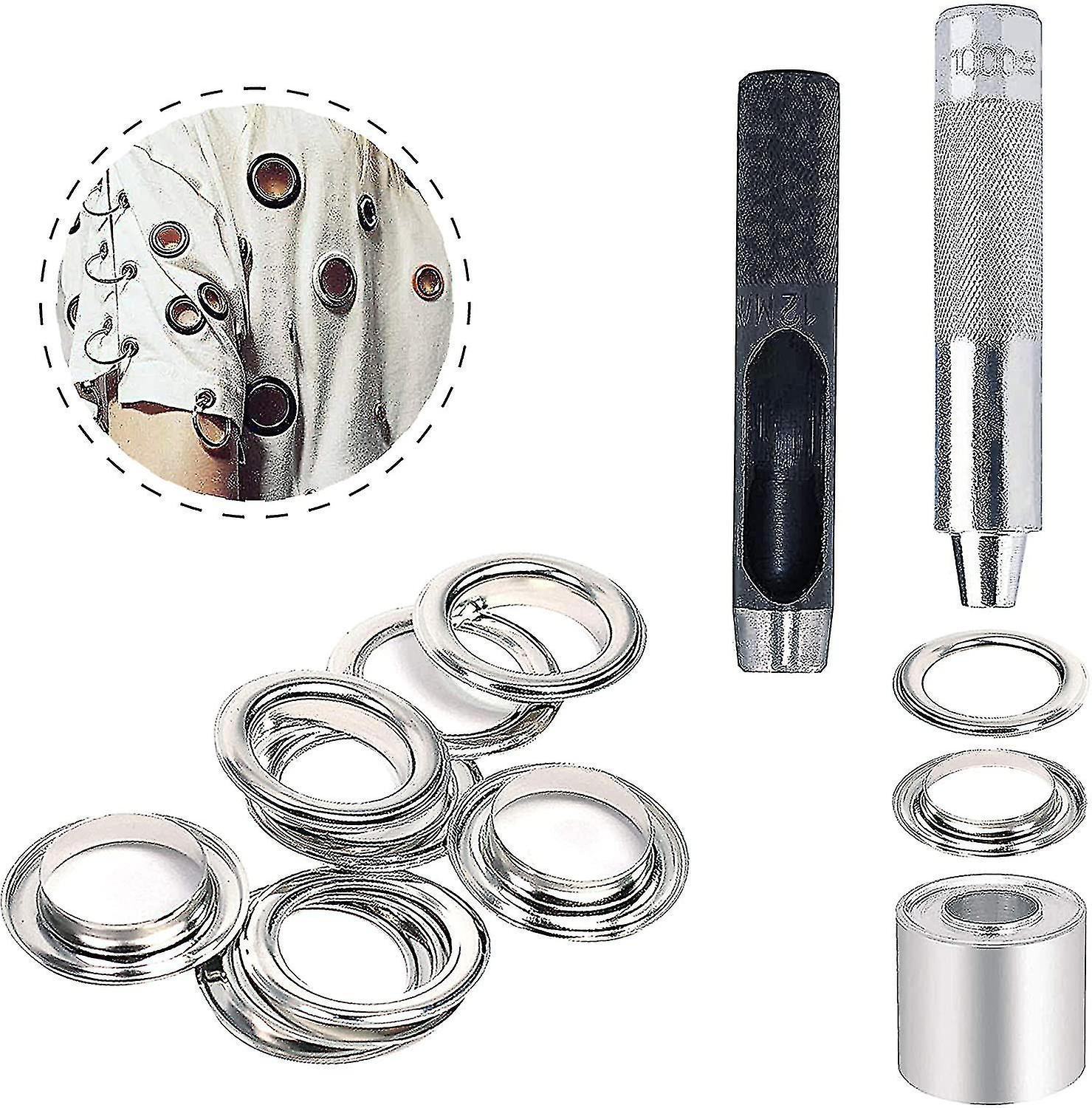 Outils Grommet 12mm Metal Eyelet Sets 100 Set Grommet Kit Eyelets Kit Pour Toile Bâche Tente Réparation Argent (1/2 pouce)