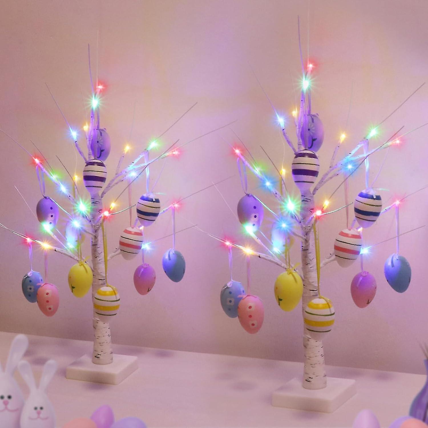 Easter Table Decor, 2 Pack Lighted Artificial Birch Tree for Tabletop, 24 Inch LED Multicolor Lights with 24 Eggs Indoor Hanging Ornaments for Home Ea