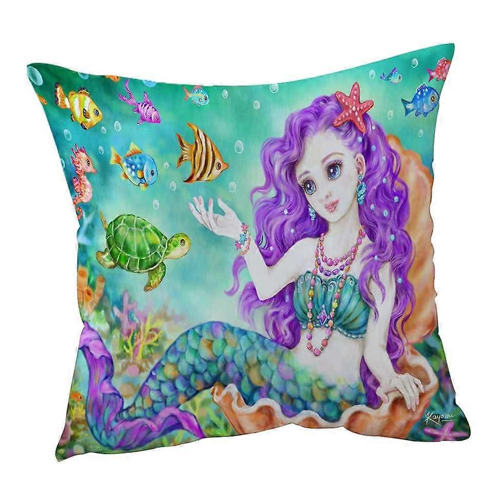 Colorful Fish Seahorse Turtle and Mermaid Cushion Cover