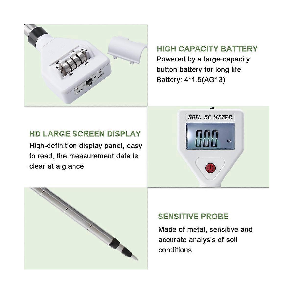 Professional Soil EC Meter 0-1999Us/cm High Precision Metal Probe ATC Conductivity Tester Detector