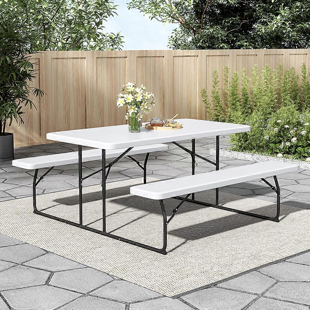 Foldable White Picnic Table and Bench Set with Parasol Hole