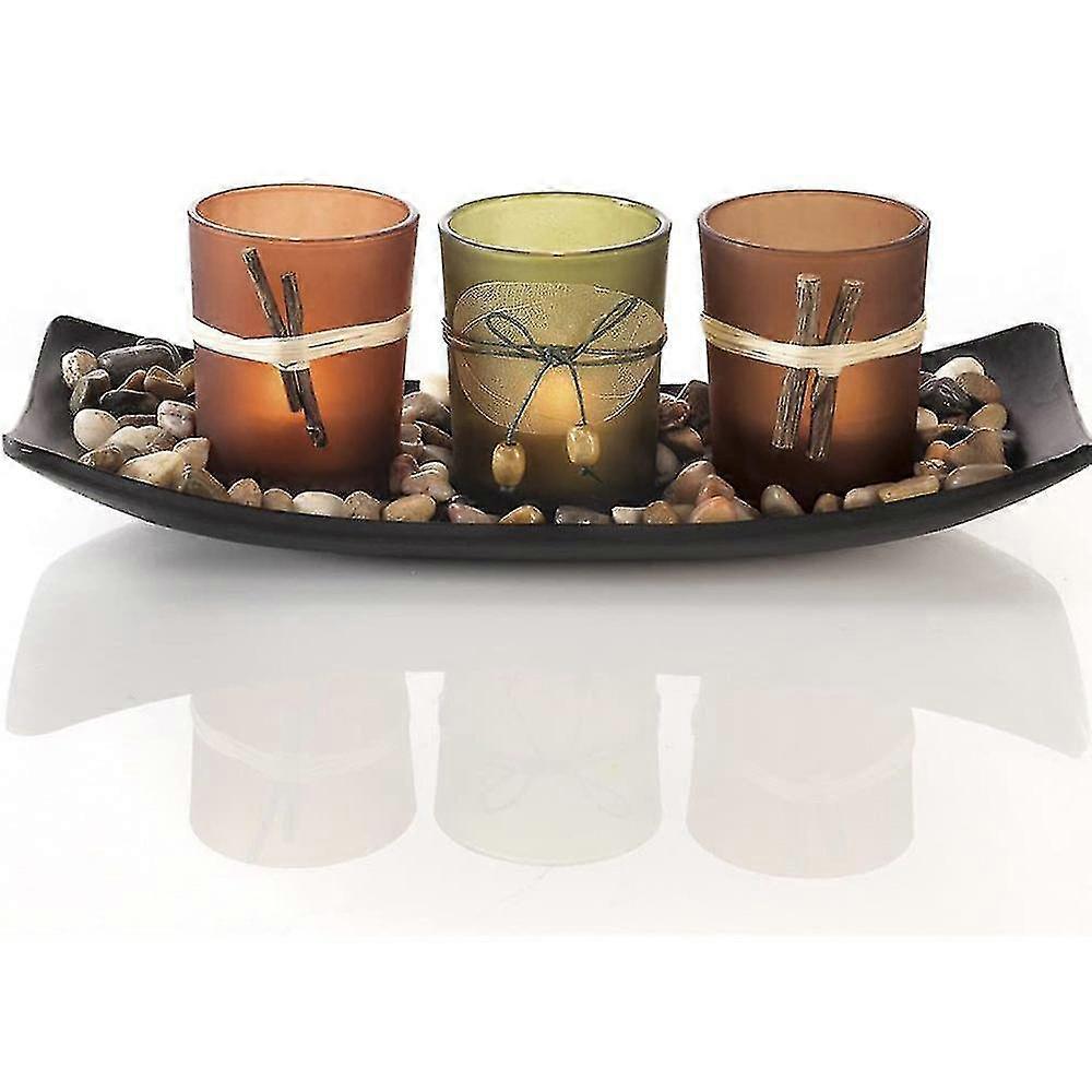 Natural Candlescape Set, 3 Decorative Candle Holders, Rocks And Tray