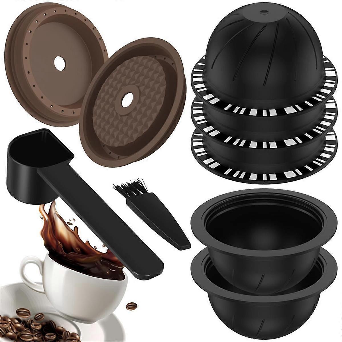 5 Stück wiederverwendbare Vertuo-Pads für Maschine, Kaffeekapsel mit 2 Silikondeckeln, 1 Löffel und Bürste, (230M