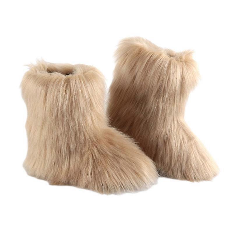 Bottes en fausse fourrure pour femmes, bout rond, en daim, confortables, chaudes, courtes, plates, mi-mollet, pour l'extérieur et l'intérieur