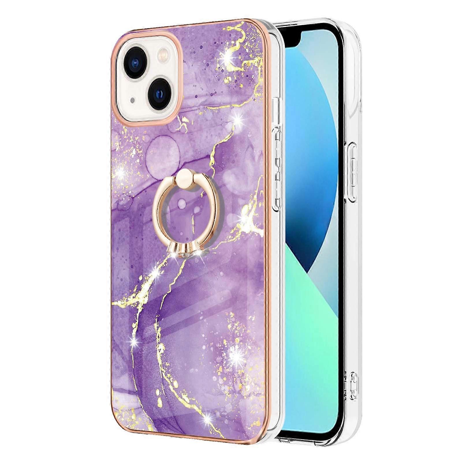 For iPhone 14 Plus Electroplating Marble Pattern IMD TPU Shockproof Case with Ring Holder